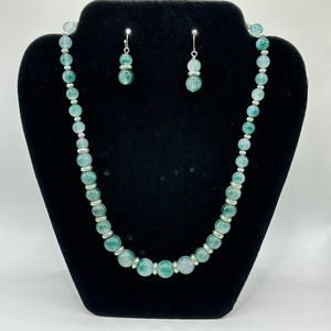 Teal and white beaded necklace and earrings set
